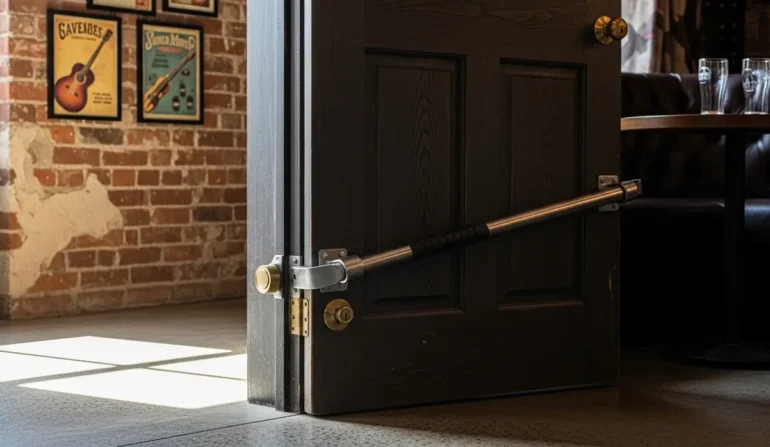 Dark wooden door latched closed with a steel security bar across the middle, in a brick-walled room with guitar posters on the wall.