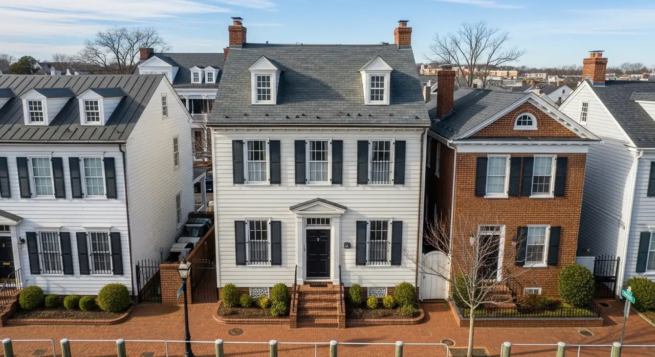 drone overhead colonial — residential setting
