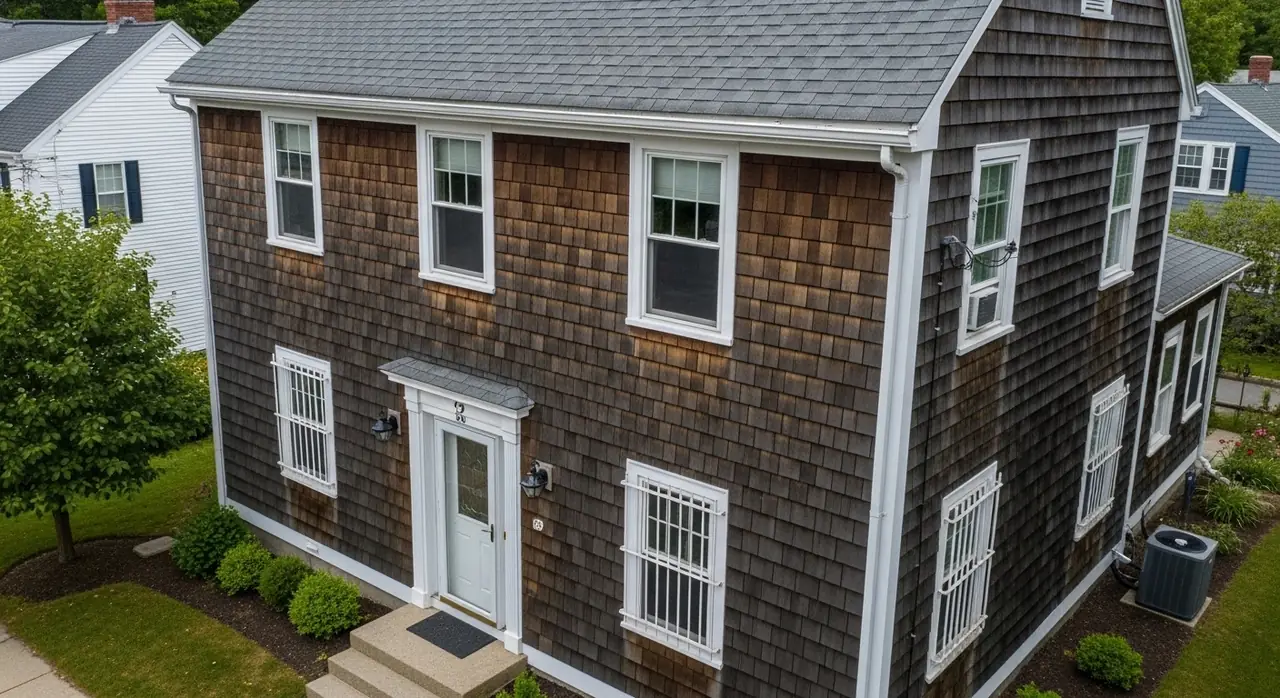 drone overhead colonial — residential setting