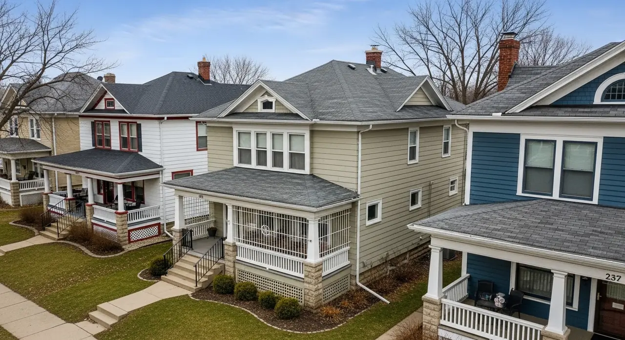 drone overhead iowa porches — residential setting