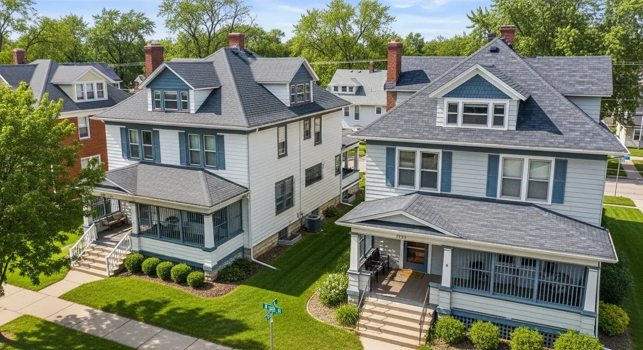 drone overhead iowa porches — residential setting