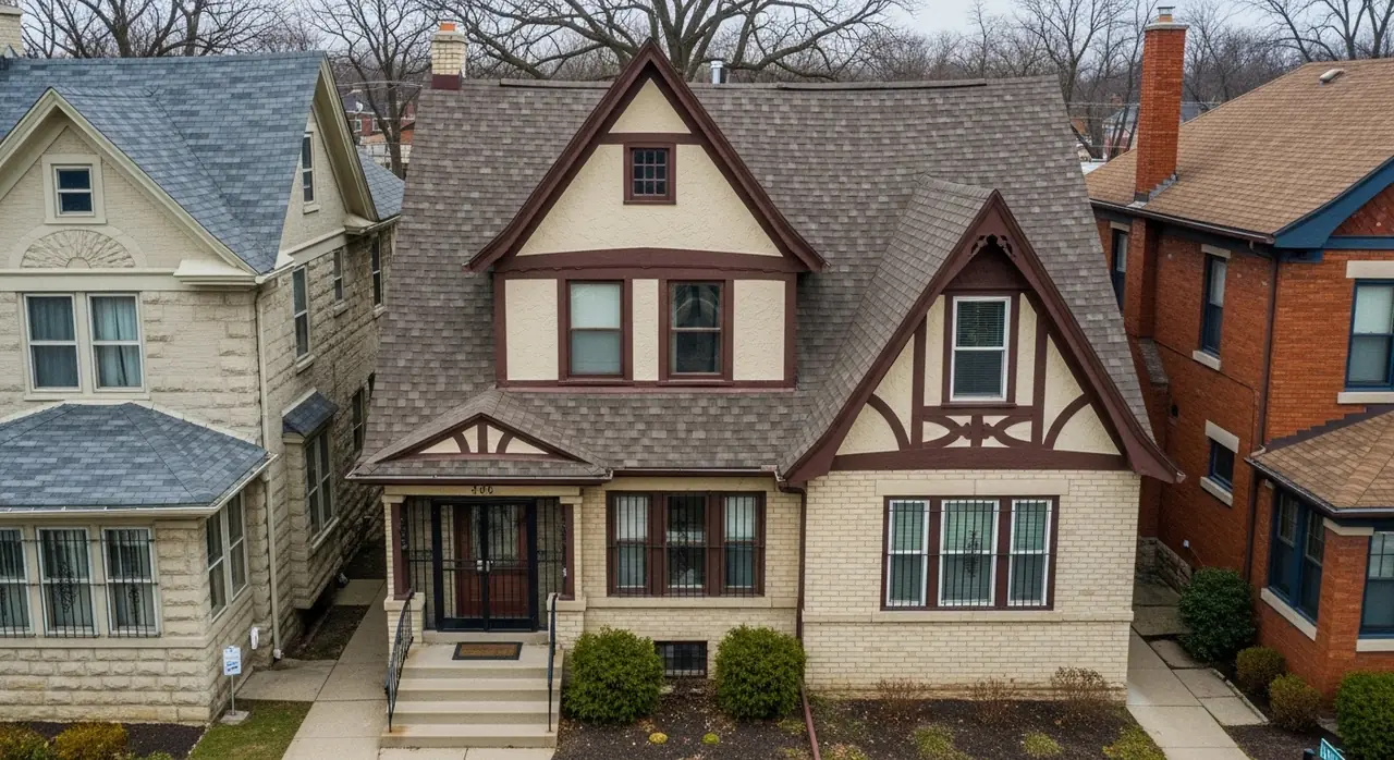 drone overhead michigan tudor — residential setting