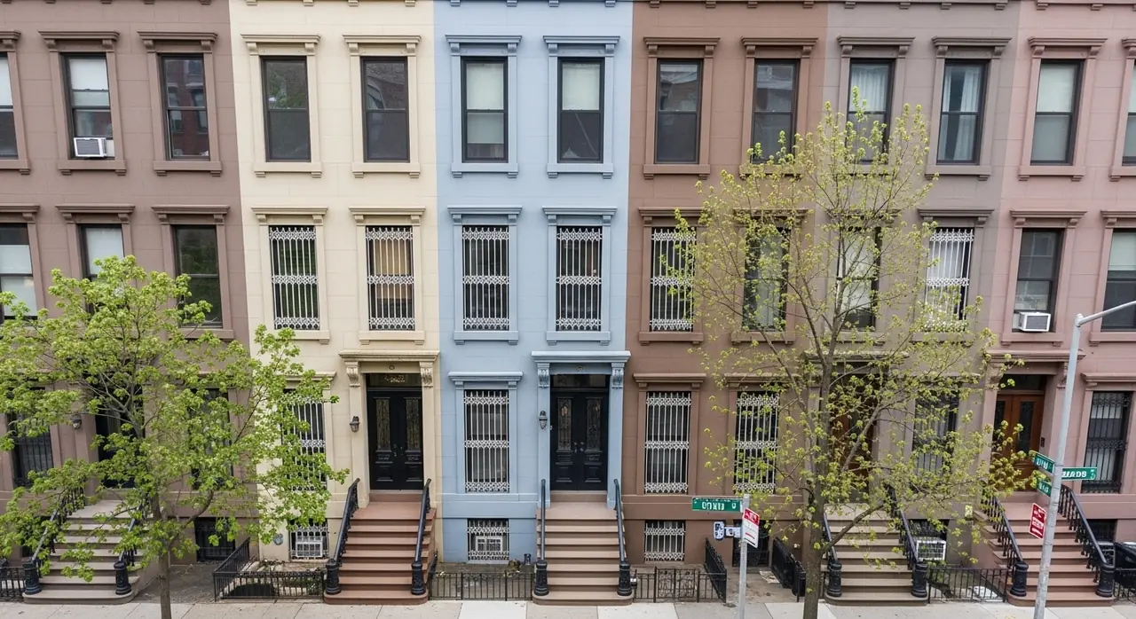 drone overhead new york brownstones — residential setting