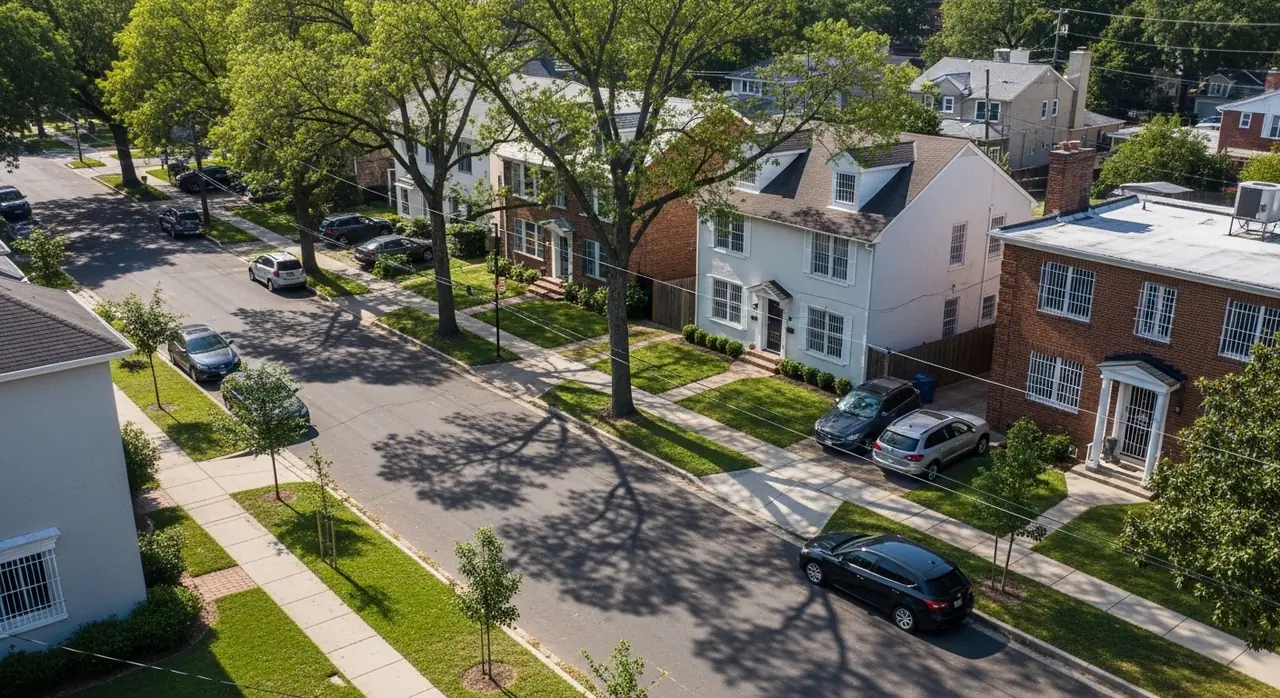 drone view suburban street — residential setting