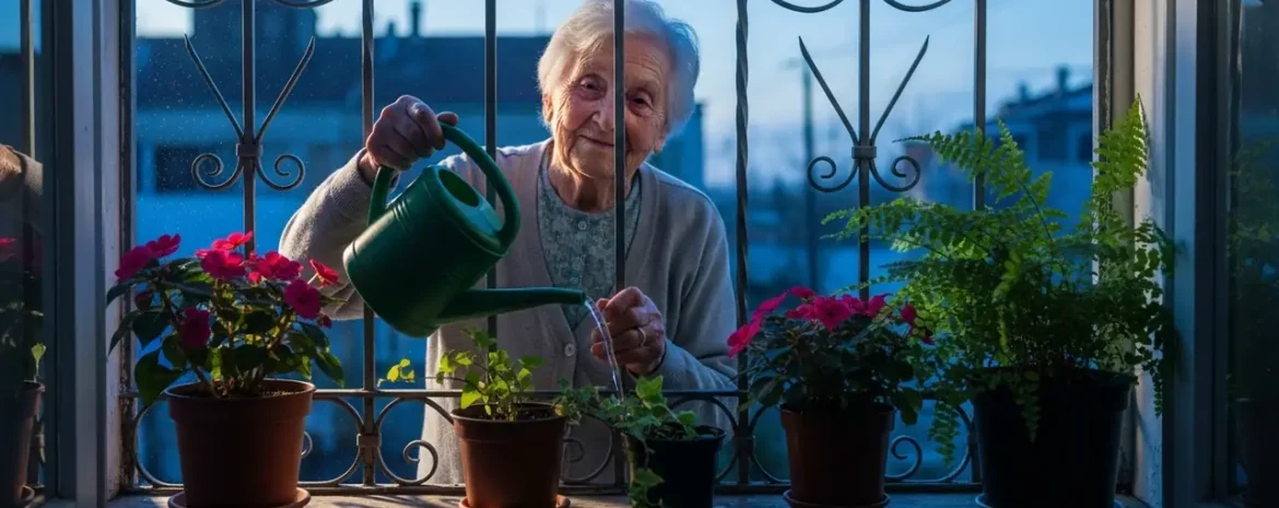 Older woman at a sunlit window watering flowering potted plants on a windowsill with a green watering can. Think: careful, nurturing gardening scene in home.
