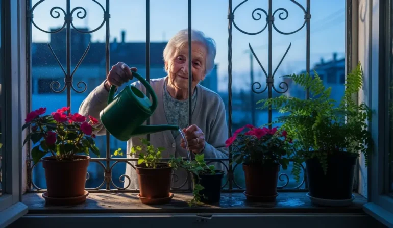 Older woman at a sunlit window watering flowering potted plants on a windowsill with a green watering can. Think: careful, nurturing gardening scene in home.