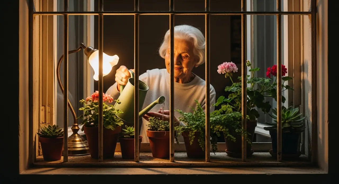 elderly woman watering plants jpeg — security context