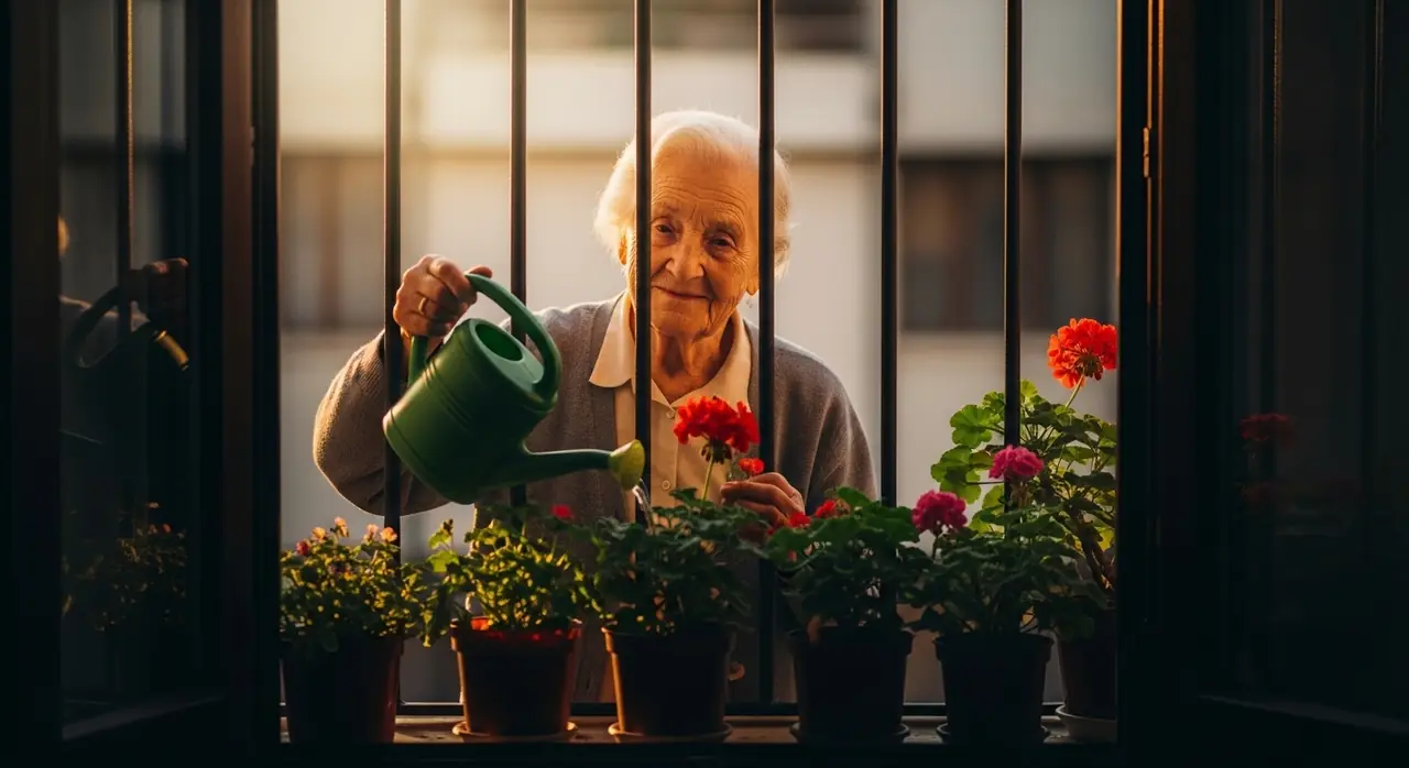 elderly woman watering plants jpeg — security context