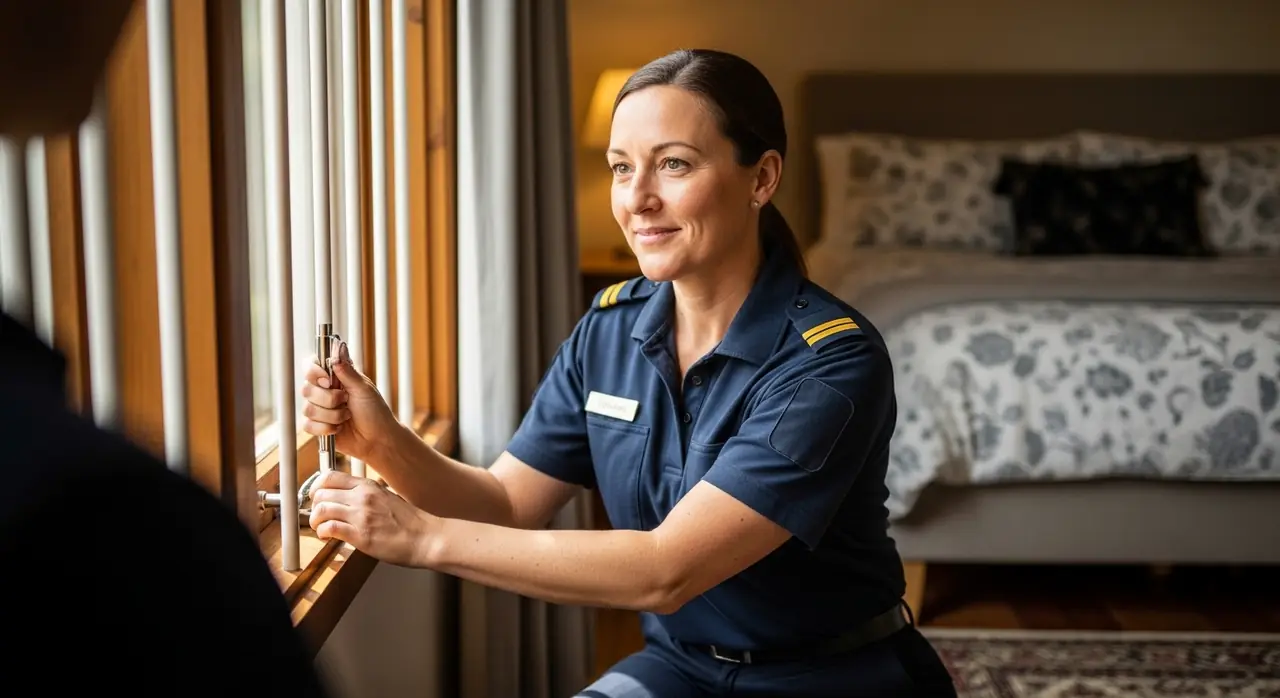 fire inspector testing bedroom jpeg — residential setting