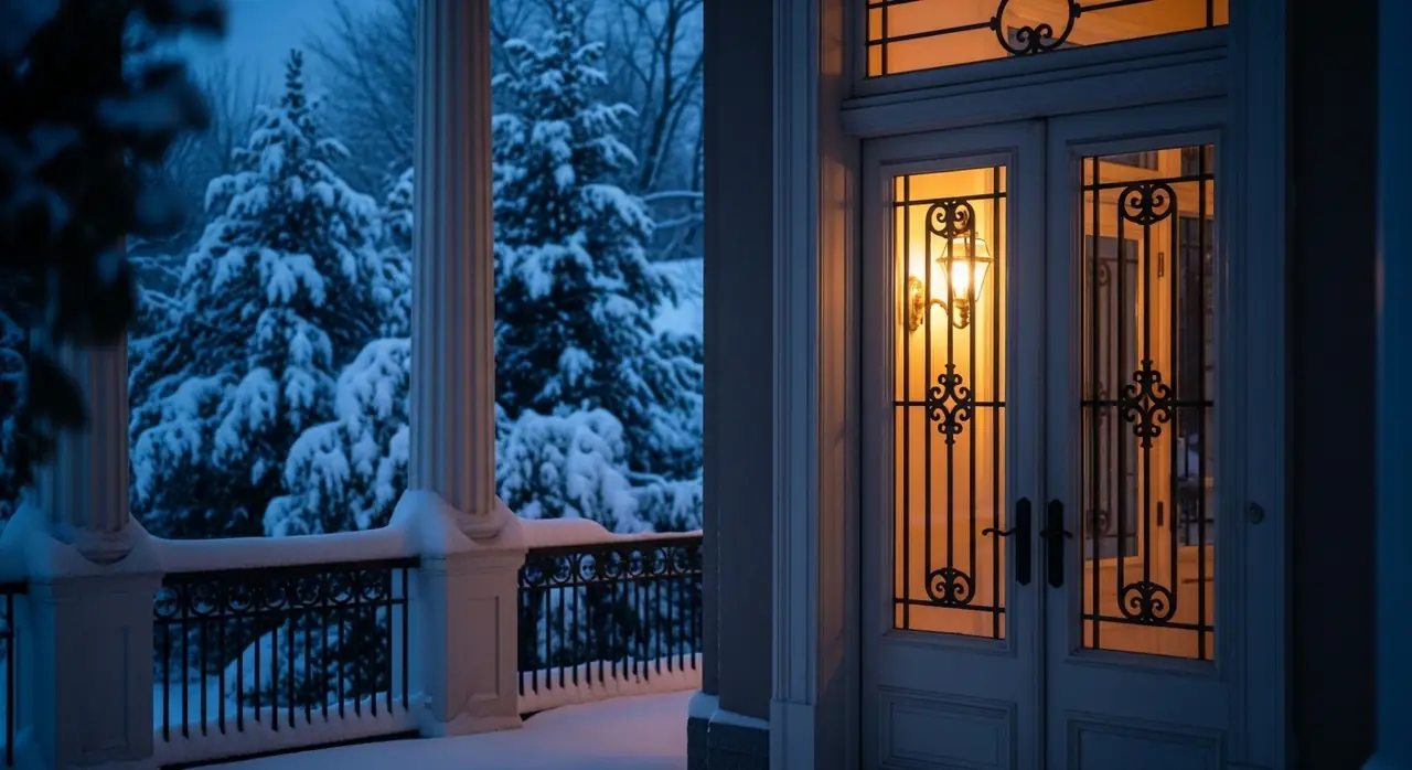 french doors dusk snow jpeg — residential setting