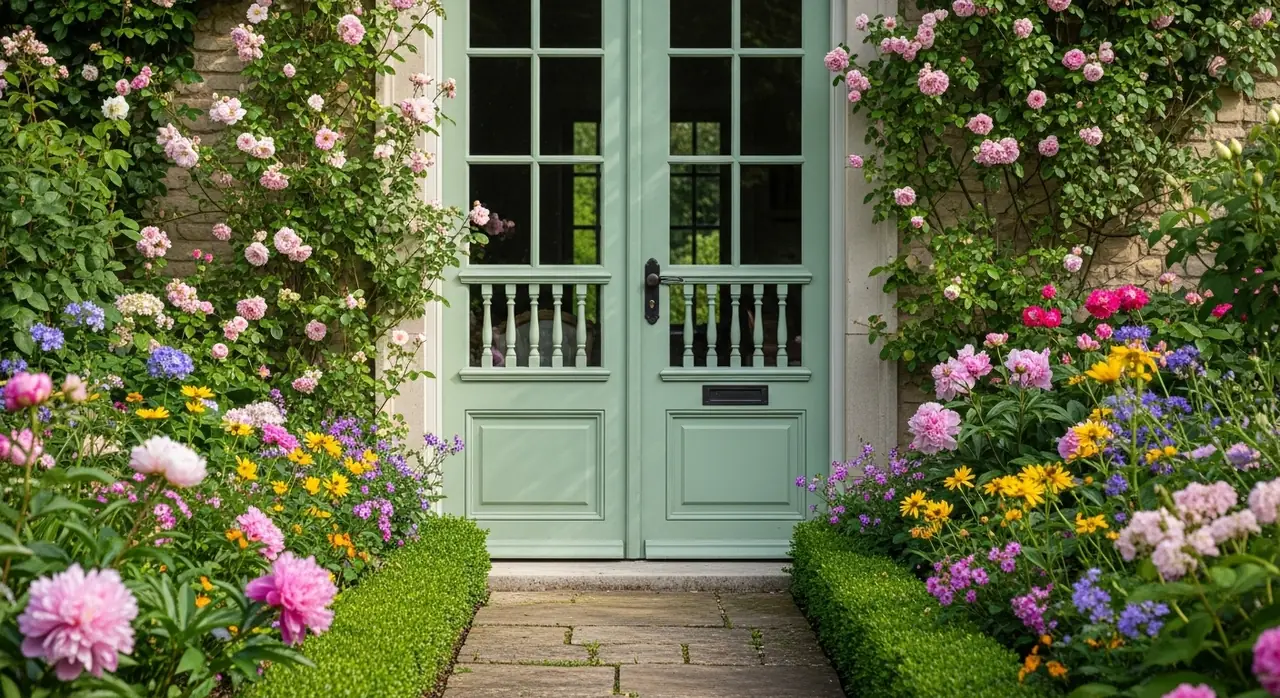 french doors blooming garden jpeg — residential setting