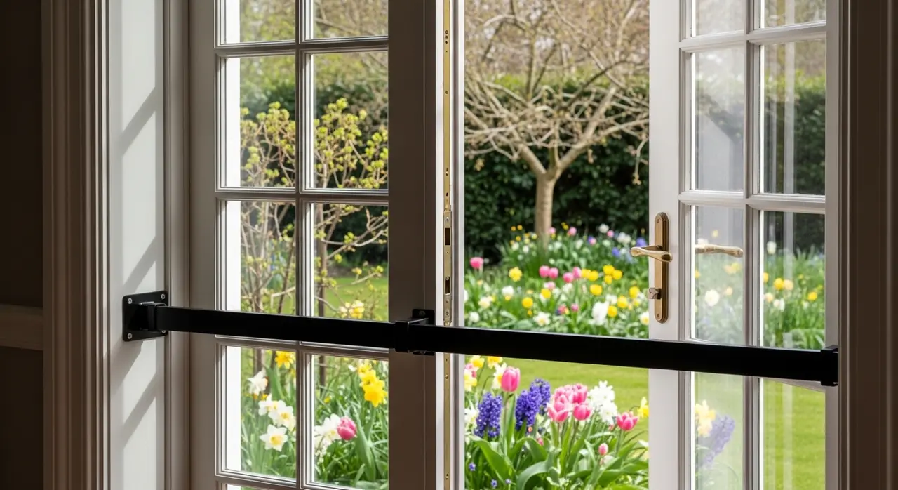 french doors spring blooming garden — residential setting