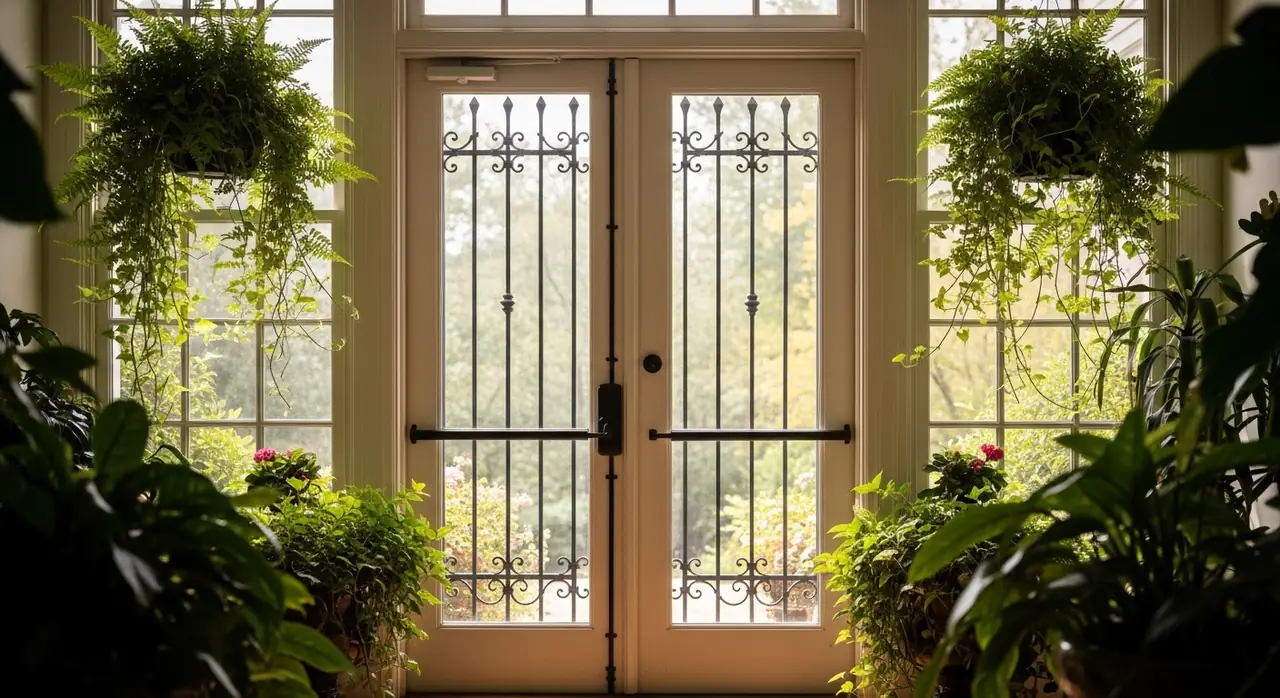 french doors sunroom hanging plants — residential setting
