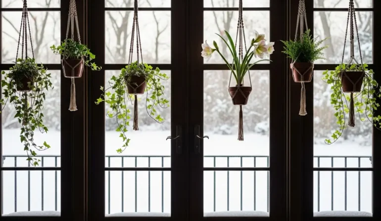 Row of hanging potted plants in macramé holders along a window, with a snowy outdoor scene beyond the glass doors.