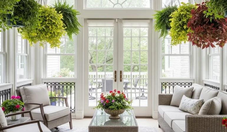 Bright sunroom with wicker seating, hanging planters, and a glass coffee table facing French doors to a patio outside.