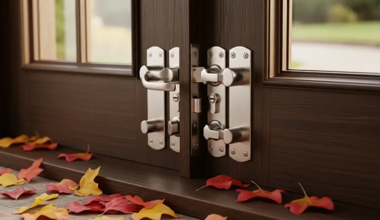 Close-up of modern stainless steel door hinges on double doors with autumn leaves scattered on the threshold outside.
