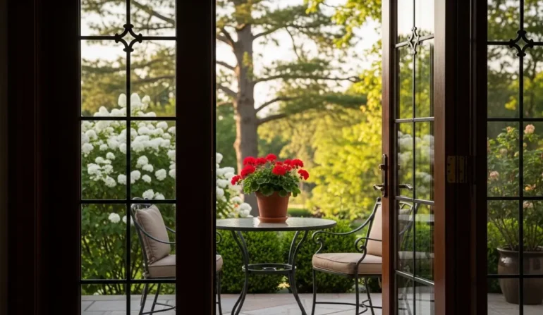 Sunlit patio scene viewed through open French doors; a round table with red geraniums and cushioned chairs sits among greenery and white flowering shrubs in the background.