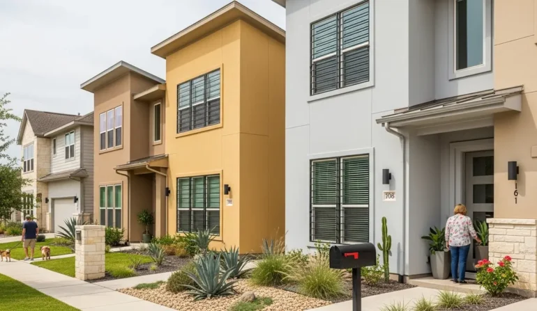 Row of modern townhouses with desert landscaping and a sidewalk in front of each home.