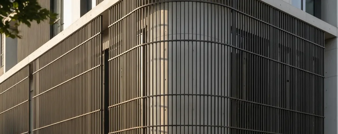 Exterior building with curved vertical metal slats forming a protective screen along a rounded corner.