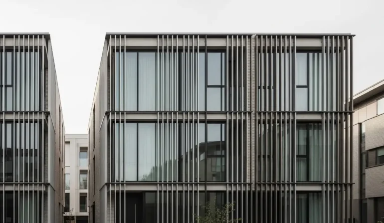 Modern multi-story building facade with dark vertical metal louvers covering large glass windows between brick columns.