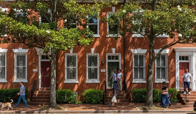 Tree-shaded sidewalk in front of red brick townhouses; a man walks a dog while others chat near doors in the shade.
