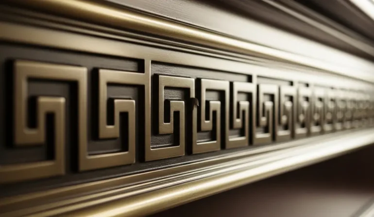 Close-up of a bronze decorative Greek key pattern along a furniture drawer panel.