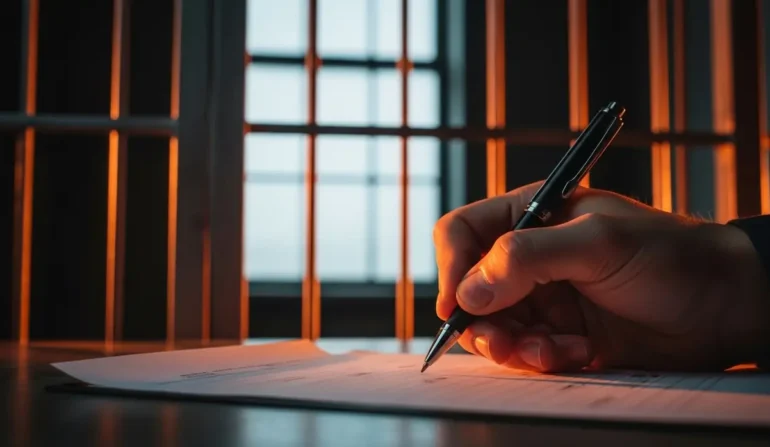 Close-up of a hand signing a document with a pen on a desk, orange light reflecting off vertical bars in the background.