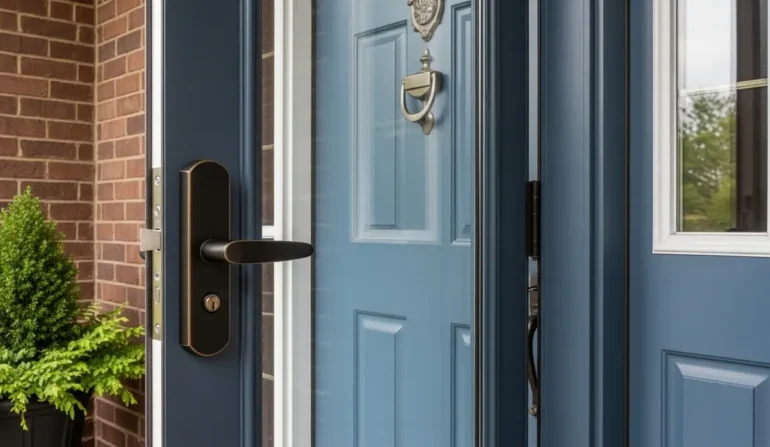 Blue front door with brass lever handle and knocker, next to a brick exterior and a potted evergreen plant.