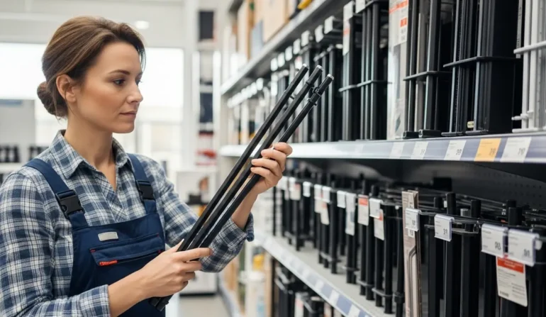 Woman in plaid shirt and blue overalls inspects several long black metal rods in a hardware store aisle.