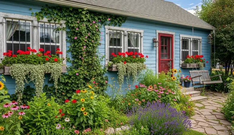 Blue cottage with red front door, window boxes of red geraniums and trailing white flowers, surrounded by a colorful garden and stone path.