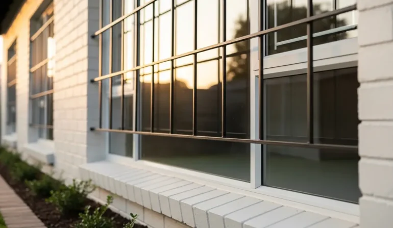 Exterior view of a modern white brick building with large windows and decorative metal security bars outside.