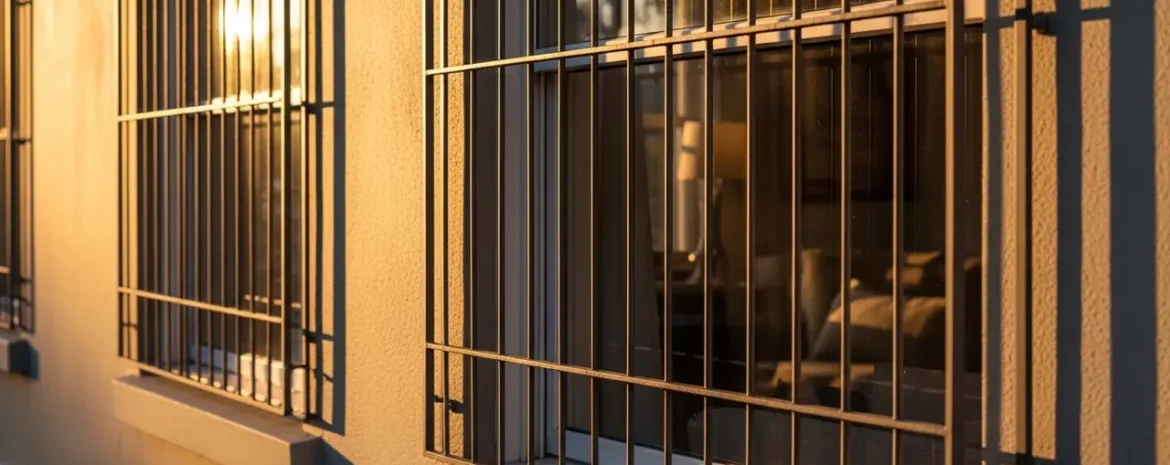 Beige building facade with windows protected by vertical metal bars, lit by warm sunset light.