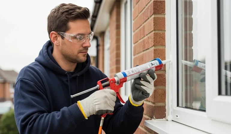Man wearing safety glasses and gloves applying white sealant to a window frame with a caulking gun outside a brick house.