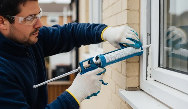 Man wearing safety glasses and gloves applies blue caulk to a window frame with a caulking gun, sealing the gap outdoors.