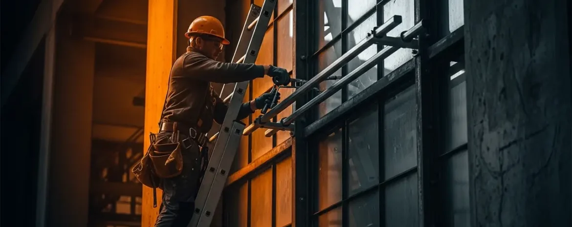 Construction worker in a hard hat and gloves on a ladder, securing metal framing to a glass exterior.