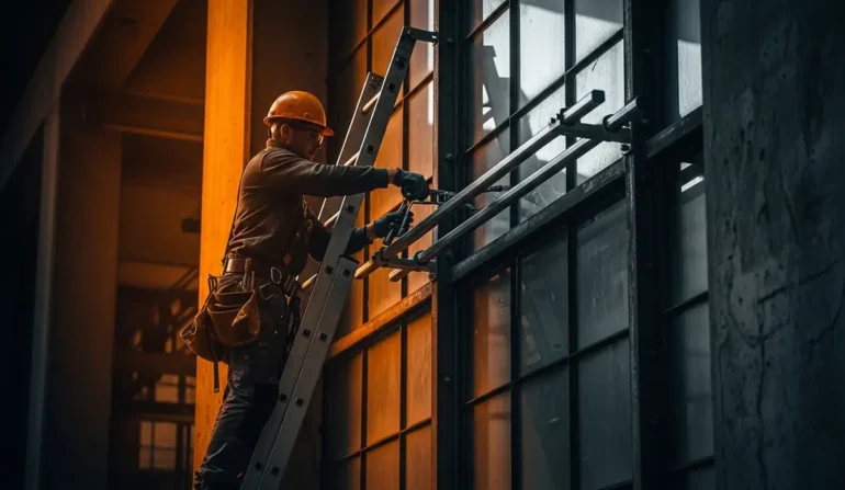 Construction worker in a hard hat and gloves on a ladder, securing metal framing to a glass exterior.