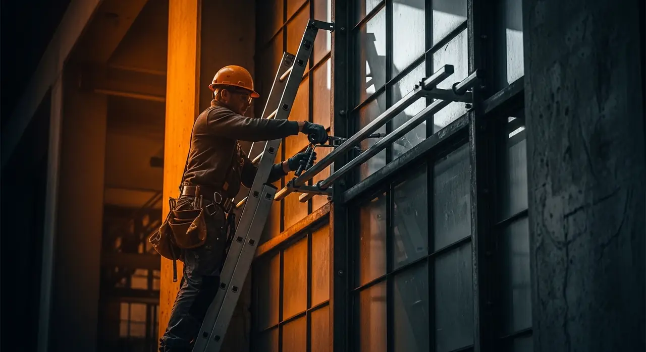Construction worker in a hard hat and gloves on a ladder, securing metal framing to a glass exterior.