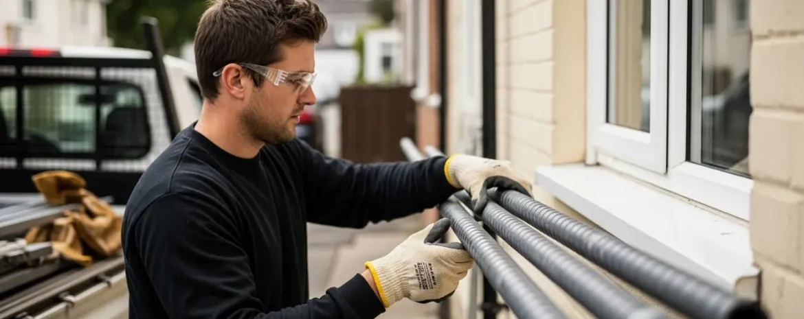 Worker wearing safety glasses and gloves handles metal pipes along the exterior of a brick house outside. (informative)