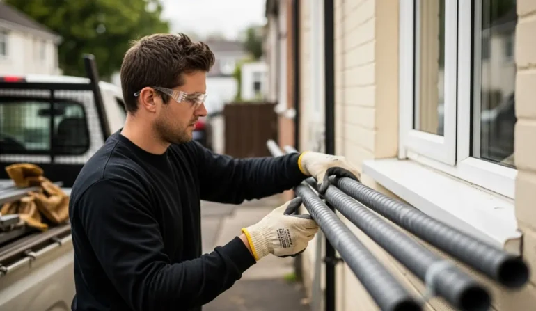 Worker wearing safety glasses and gloves handles metal pipes along the exterior of a brick house outside. (informative)