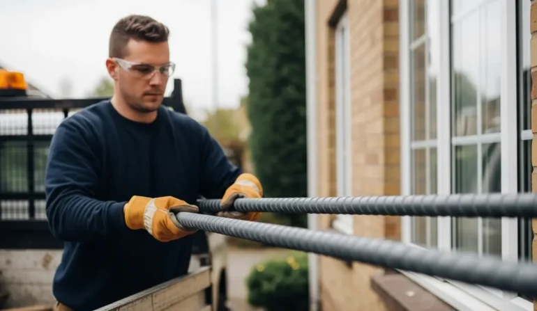Construction worker wearing safety glasses and gloves handling metal rebar near a brick building.