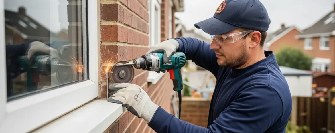 Construction worker in a navy shirt and cap drills into a brick exterior beside a window, wearing safety glasses and gloves.