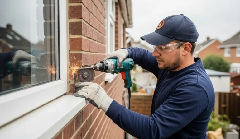 Construction worker in a navy shirt and cap drills into a brick exterior beside a window, wearing safety glasses and gloves.