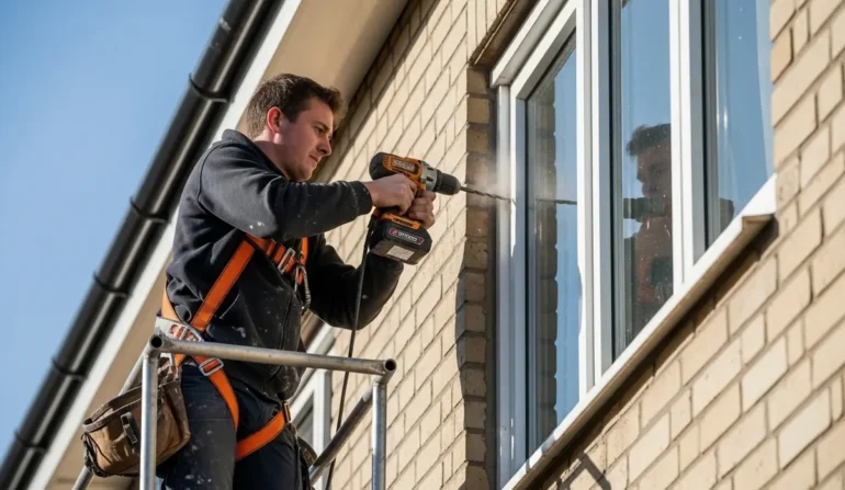 Construction worker on scaffolding drills a hole into a brick exterior wall beside a window, wearing a safety harness and tool belt.