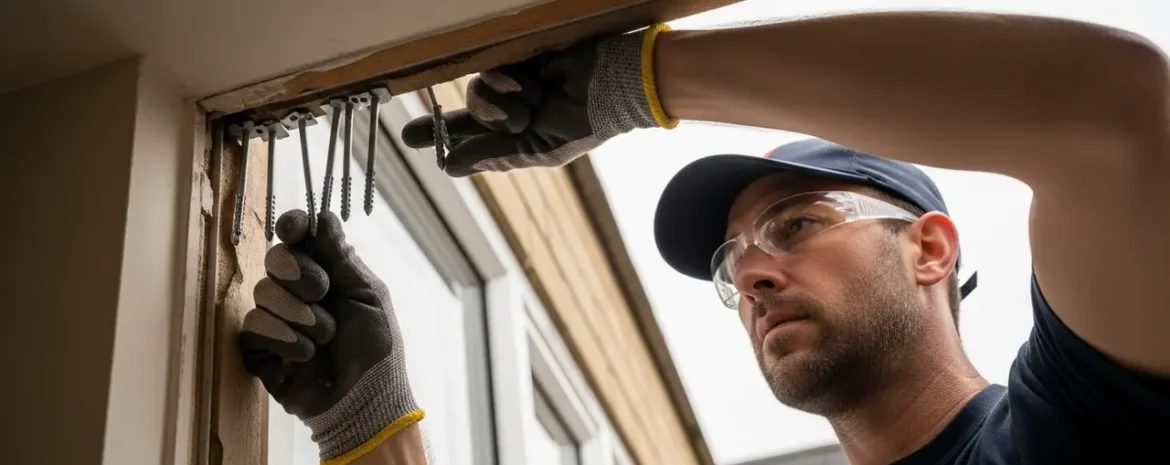 Male construction worker wearing safety glasses and gloves, prying out nails from a wooden door frame.