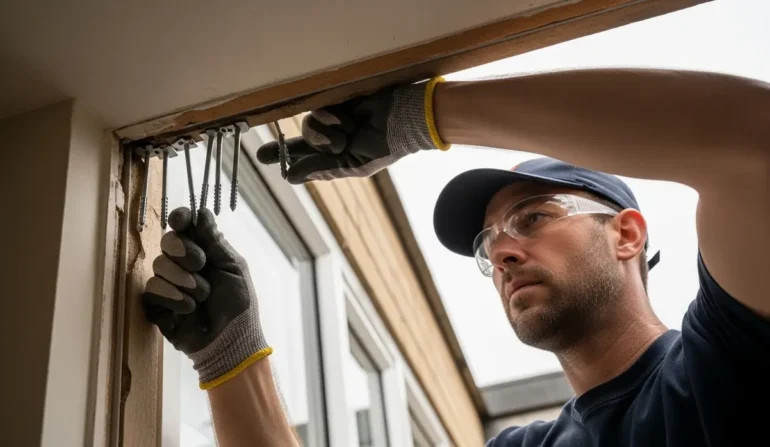 Male construction worker wearing safety glasses and gloves, prying out nails from a wooden door frame.