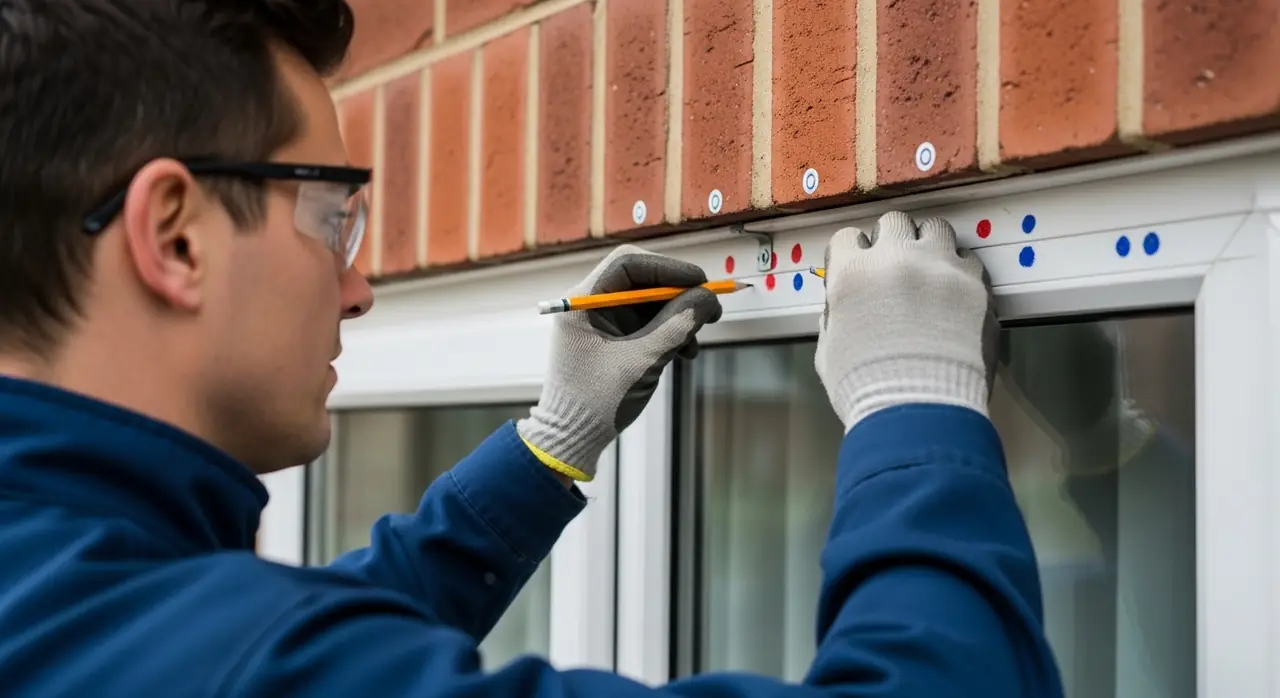 Construction worker wearing safety glasses and gloves marks a window frame with a pencil during installation against a brick wall.
