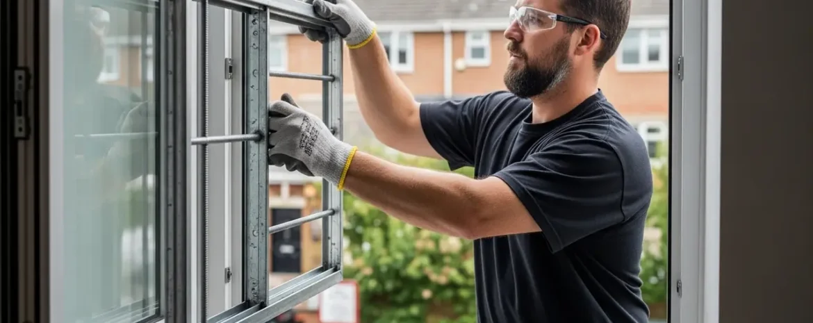 Man wearing safety glasses and gloves installs a metal window frame from inside a home, outdoors in a residential area.