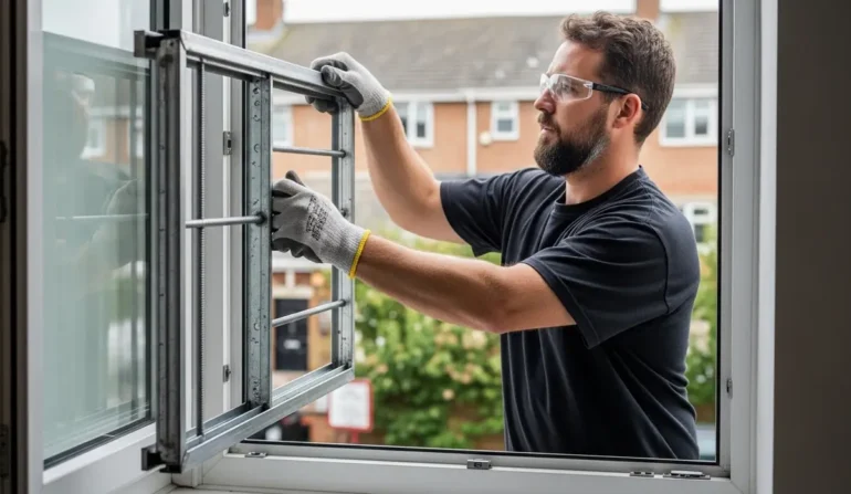 Man wearing safety glasses and gloves installs a metal window frame from inside a home, outdoors in a residential area.