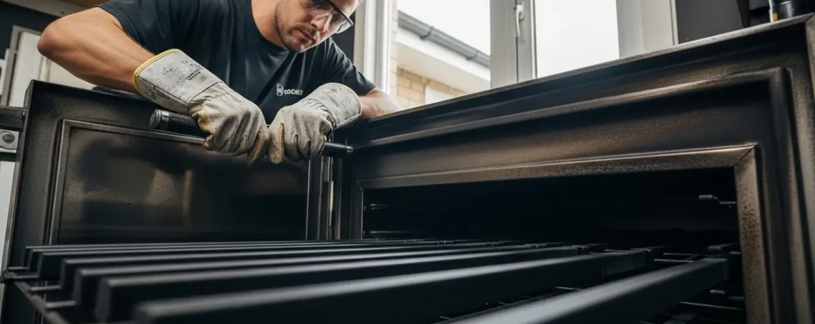 Worker wearing safety goggles and gloves adjusts racks inside a large metal oven