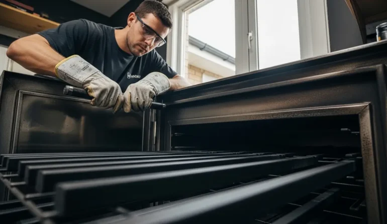 Worker wearing safety goggles and gloves adjusts racks inside a large metal oven